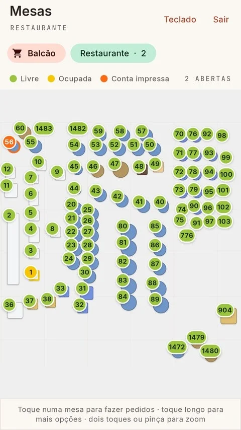 Mapa da sala com as mesas livres, ocupadas e com conta impressa