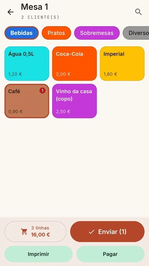 Registo do pedido com os artigos organizados por famílias e cores