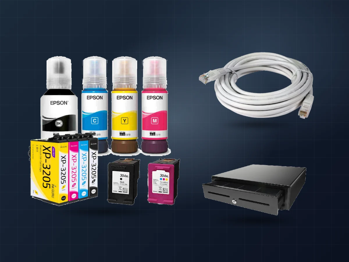Ink bottles, network cable and cash drawer